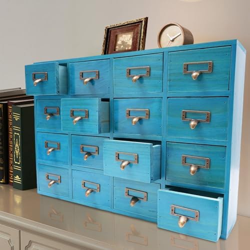 Apothecary Cabinet with 16 Drawers Card Catalog Cabinet, Library Card Catalog Drawer with Metal Handles & Label Slot Wooden Desk Drawer Organizer for Herb Storage, Tea Collection (Blue)