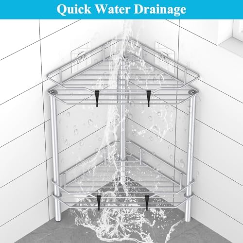 HuggieGems Metal Floor Standing Corner Shower Caddy, Silver, 2 Tier