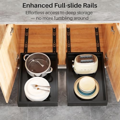 2Pack Pull out Cabinet Organizer, 21"Deep, Heavy Duty Full-extension Slide out Drawers for Kitchen Cabinet, Roll out Shelf Storage with Nano Adhesive for Pots,12"W x 21"D x 3.1"H, Black