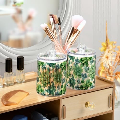 ALAZA 2pcs Flowers Boho Green Qtip Holder Dispenser 14 oz Bathroom Storage Clear Apothecary Jars Containers Cotton Ball,Cotton Rounds,Floss Picks, Hair Clips, Food