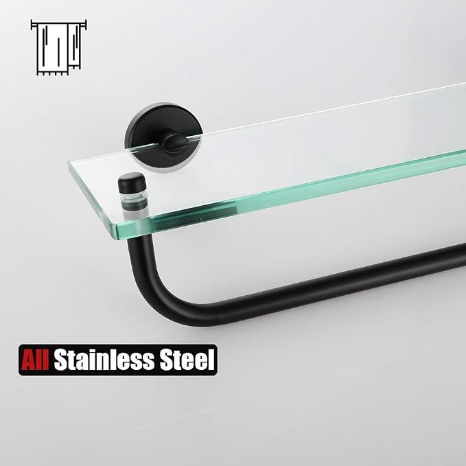 JQK Bathroom Glass Shelf, Shelf with 19 Inch Towel Bar Tempered Glass Shower Storage 20 by 5 inches, 304 Stainless Steel Matte Black Wall Mount, TGS100L20-PB
