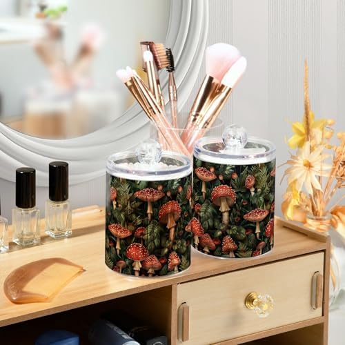 4 Pack Qtip Dispenser Retro Mushrooms and Leaves Apothecary Jars with Lids Bathroom Canister Storage Organization for Cotton Ball, Swab, Floss, Makeup Sponges, Hair Clip 10 Oz