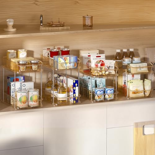 Delamu 2-Tier Under Sink Organizers and Storage, Multi-Purpose Stackable Bathroom Cabinet organizers, Pull Out Kitchen Pantry Organization and Storage with Dividers(4 Pack, Amber)