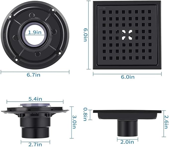 ELLO&ALLO Shower Floor Drain with Flange,Quadrato Pattern Grate Removable 6 Inch Square, SUS 304 Stainless Steel, Matte Black