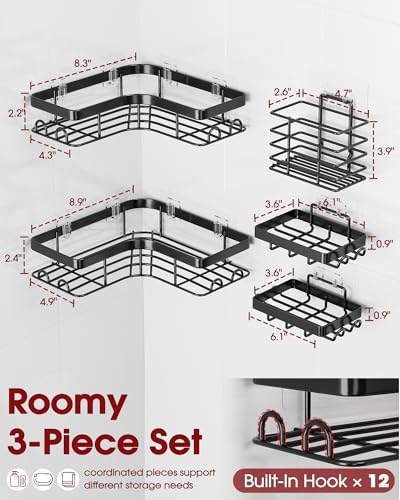 Sakugi Corner Shower Caddy, Large, 5-Pack, Soap & Toothbrush Holder, Black