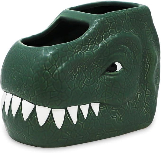Isaac Jacobs Green Ceramic Dinosaur Dual Compartment Toothbrush Holder, Multi-Purpose Organizer, for Toiletries, Bathroom, Kitchen, Crafts, Desk, Novelty Bathroom Accessory (2-Section Cup, Green)