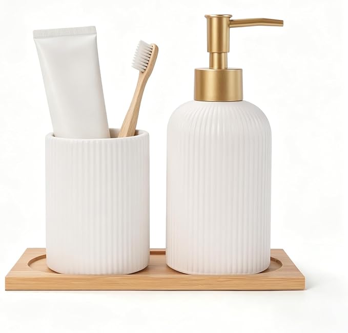 RETON 3 PCS Ceramic Bathroom Accessories Set with Natural Bamboo Tray-White | Included Hand Soap Dispenser, Toothbrush Cup and Bamboo Tray, Fits Bathroom Countertop, Bath Countertop Decor Organizer