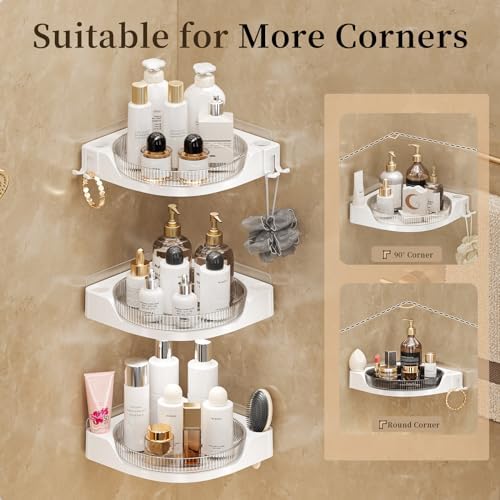 akinbas Corner Shower 3 Tier Caddy Lazy Susan Organizer 360 Rotating Corner Shelf Wall Mounted with No Drilling Shelves for Bathroom Dorm and Kitchen (White)