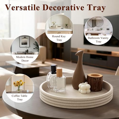 Round Decorative Tray, Modern Coffee Table Tray Decor 11" Resin Beige Tray