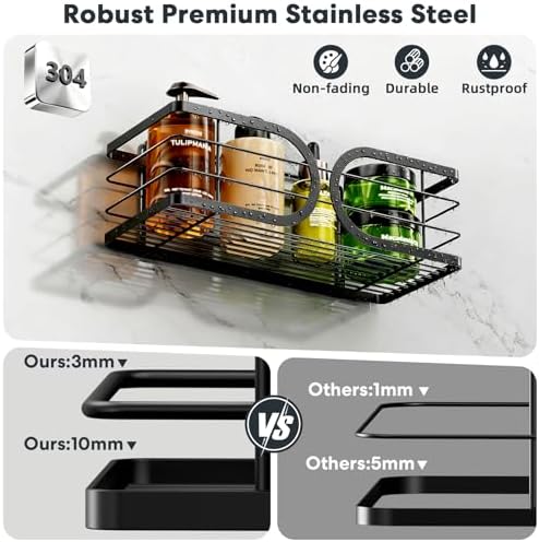 Shower Caddy 3 Pack with Soap Holder No Drill Wall Mounted 304 Stainless Steel Durable Large Capacity Adhesive Shower Rack Organiser Quick Dry Rustproof Bathroom Storage Shelves(Black)