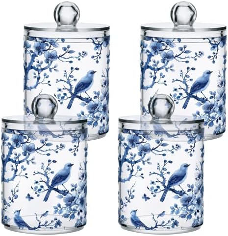 Blue White Porcelain Qtip Holder 4 Pack - 10 Oz Clear Plastic Apothecary Jar Set for Bathroom Organization - Versatile Canister Storage for Cotton Balls, Swabs, Rounds