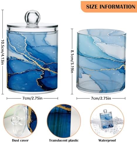 MNSRUU 2 Pack Qtip Holder Organizer Dispenser Blue White Marble Wave Bathroom Storage Canister Cotton Ball Holder Bathroom Containers for Cotton Swabs/Pads/Floss