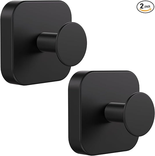 Aikzik Adhesive Hooks for Shower, Heavy Duty Replaceable Sticky Large Wall Towel Hooks for Hanging Towel, Robe, Coat, Stainless Steel Hook for Bathroom and Door, Waterproof & Rustproof - 2 Pack, Black