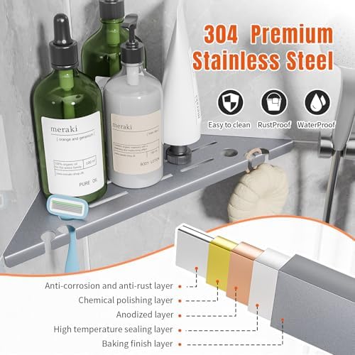 Shower Corner Shelf Organizer Rack with Hooks & Razor Hole, 2Pack-Silver