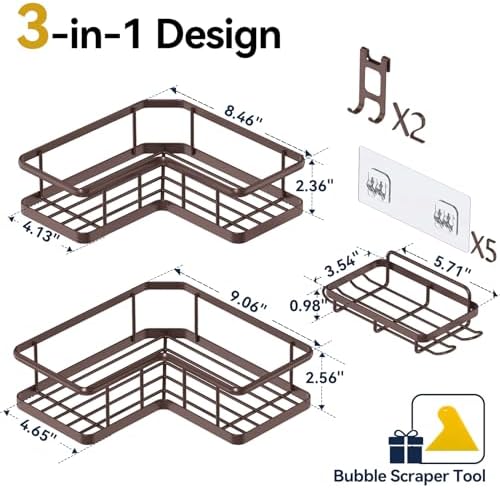YASONIC Corner Shower Caddy Adhesive, 100% Rustproof Shower Organizer with Soap Holder, No Drill Shower Shelf for Inside Shower, Wall-Mounted Shower Storage for Homes (3 Pack, Bronze)