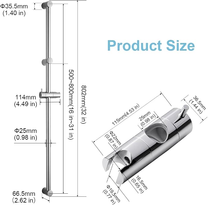 OFFO Shower Slide Bar 32 in Adjustable Installation Distance 16-31 in with 360° Adjustable Handheld Shower Head Holder for Bathroom, Screw Wall Mounted, Chrome Finish