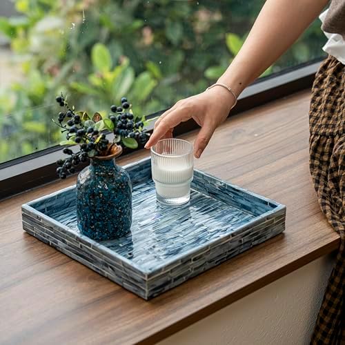 PEMAR Mother of Pearl Decorative Tray, 11x11 Square Blue Mosaic Tray
