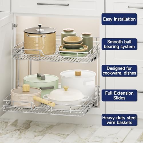 2-Tier Pull Out Cabinet Organizer, 22.5" W x 21.5" D, Heavy Duty Dual Slide Out Shelves for Wide Base Cabinets, Chrome Wire Basket Drawer for Pots, Pans, Pantry & Cleaning Supplies