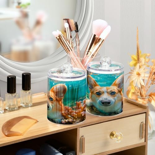2 Pack Qtip Holder Organizer Dispenser Corgi Dog Underwater Bathroom Storage Canister Cotton Ball Holder Container for Cotton Pads/Swabs/Floss