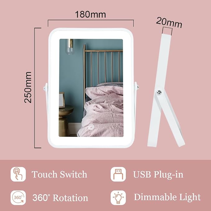 YEKKOPT Rechargeable Vanity Mirror with Lights,Desk Makeup Mirror with Lights,Portable Travel for Makeup Desk ＆ Dressing Room,3 Color Lighting, Dimmable Touch Screen