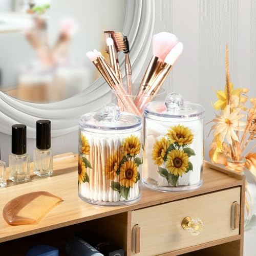Gredecor Qtip Holder Dispenser 2 Pack Yellow Watercolor Sunflowers Bathroom Decorative Storage Canister Holder Counter Vanity Organizer for Cotton Ball Swabs Pads Floss