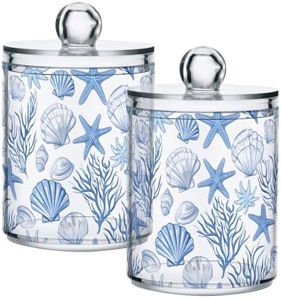 ALAZA Seashell Coral Starfish Blue 2 Pack Qtip Holder Dispenser for Cotton Swabs, Balls, Pads, Floss 10 oz Plastic Canister Organizer