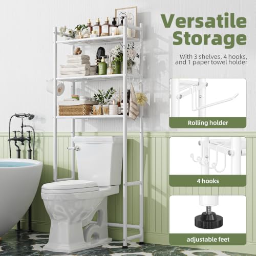 Simple Trending 3-Tier Over Toilet Storage Rack with Paper Holder & Hooks