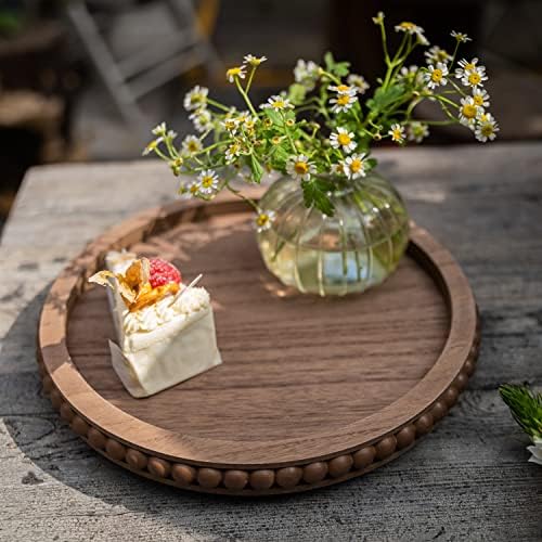 HPC DEC R OUR HAPPY PLACE 12in Round Wood Beaded Tray - Brown, Distressed Finish - Farmhouse Boho Style - Decorative Tray for Living Room, Coffee Table, Kitchen Table or Serving Tray
