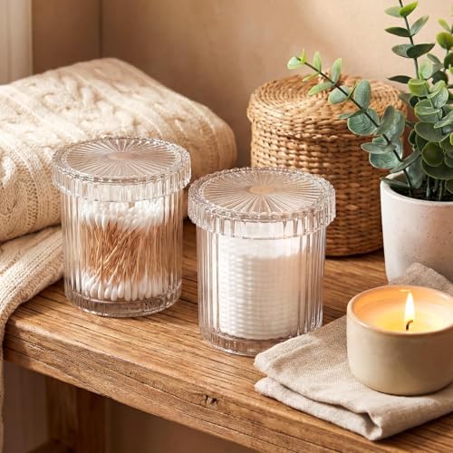 rejomiik 2 Pack Thick Glass Qtip Holder Apothecary Jars with Lids, Clear