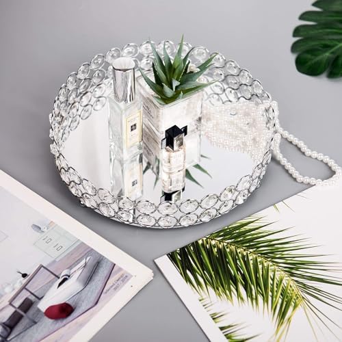 Feyarl Crystal Perfume Tray Cosmetic Makeup Vanity Tray Jewelry Trinket Organizer Mirrored Decorative Tray for Home Deco Christmas Birthday Gift(Round 10" inch) (Silver)