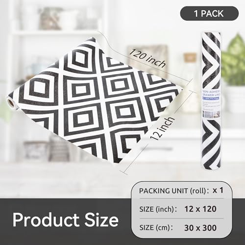 FIFTY FEET 12"x120" Non-Adhesive Shelf Liner for Kitchen Cabinets and Drawers, Washable Non-Slip PVC Cabinet Liner (Black Plaid)(1 Roll)