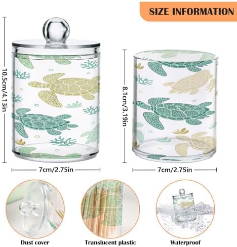Apothecary Jars Bathroom Storage Organizer with Lid - 14 oz Qtip Holder Dispenser, Tribal Sea Turtle Clear Plastic Canister for Cotton Swab, Cotton Ball, 2PCS