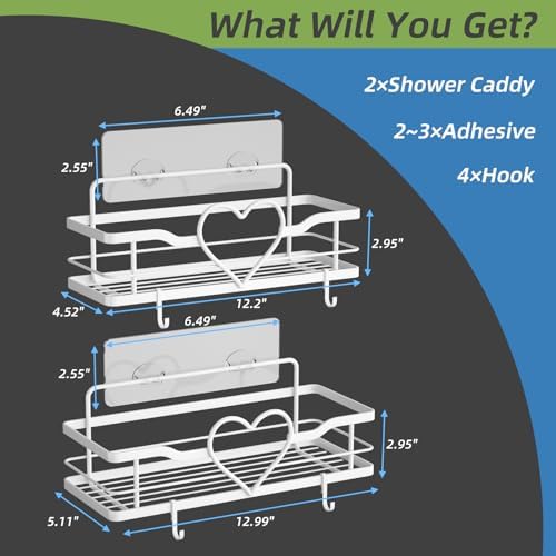 White Heart Shower Caddy,No Drilling Adhesive Shelves,2 Pack