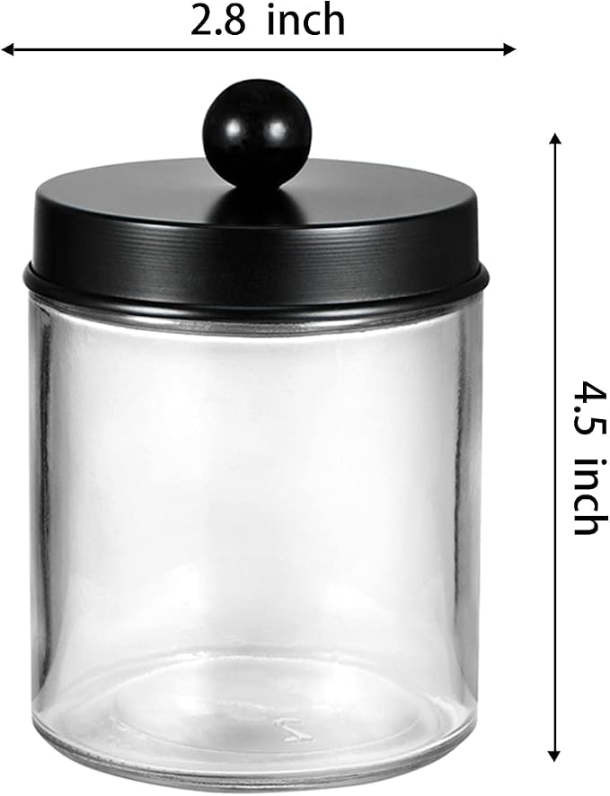 Amolliar 6Pc Apothecary Jars Bathroom Vanity Organizer- Rustic Farmhouse Decor Storage with Stainless Steel Lids- Qtip Dispenser Holder for Q-Tips, Cotton Swabs, Rounds, Ball, Flossers (Black)