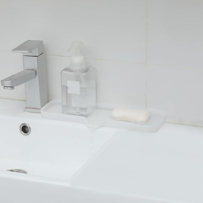 MicoYang Silicone Soap Dish with Drain Spout — Self-Draining Double Sink Organizer Tray for Kitchen & Bath, Dispensers, Sponges & Soap Holder, Non-Slip & Dishwasher Safe, Translucent (Large, 12"×4")