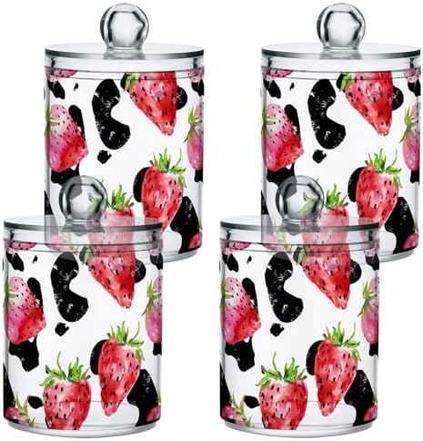 4 Pack Clear Plastic Jars 10 Oz Apothecary Jars Watercolor Strawberries Cow Print Bathroom Canister for Cotton Pads, Cotton Ball, Cotton Swabs, Floss Picks