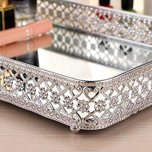 ELLDOO Silver Mirror Glass Perfume & Makeup Vanity Tray, Large Size