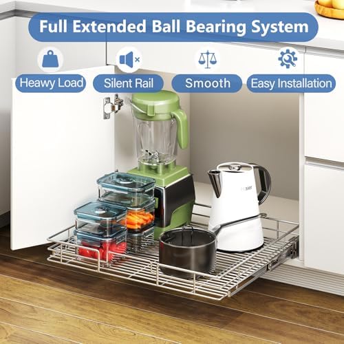 ROOMTEC Pull Out Cabinet Organizer, 27" W x 21.5" D, Heavy Duty Slide Out Kitchen Cabinet Organizers, Neutral