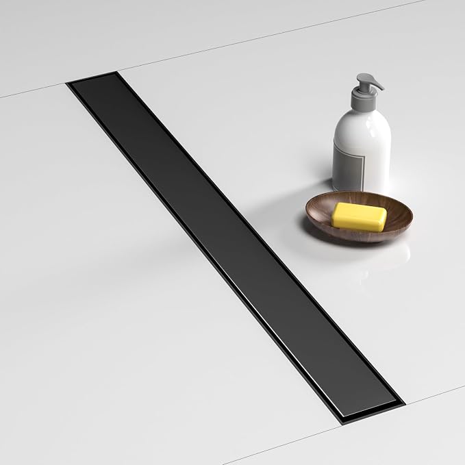 BARONAGE 32 Inch Linear Shower Drain, Rectangle Shower Floor Drain with 2-in-1 Flat & Tile Insert Cover, 304 Stainless Steel Bathroom Drains with Hair Catcher and Leveling Feet (Matte Black)