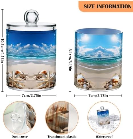 Beautiful Beach Scene Qtip Holder 2 Pack - 10 Oz Clear Plastic Apothecary Jar Set for Bathroom Organization - Versatile Canister Storage for Cotton Balls, Swabs, Rounds
