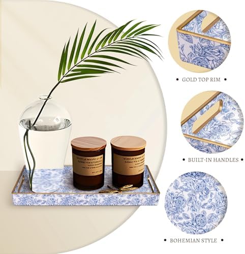 MAONAME Blue Bathroom Vanity Tray, Plastic Decorative Trays with Handles