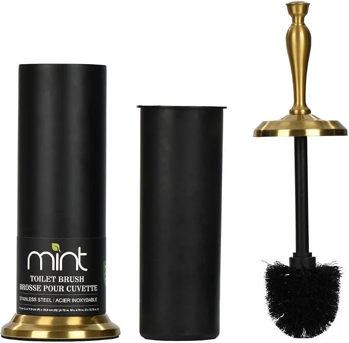 J&V TEXTILES Toilet Brush, Toilet Bowl Brush with Extra Long Handle Durable Bristles Toilet Scrubber and Covered Holder for Toilet Brush Set for Bathroom Cleaning (Matte Black/Aged Brass)