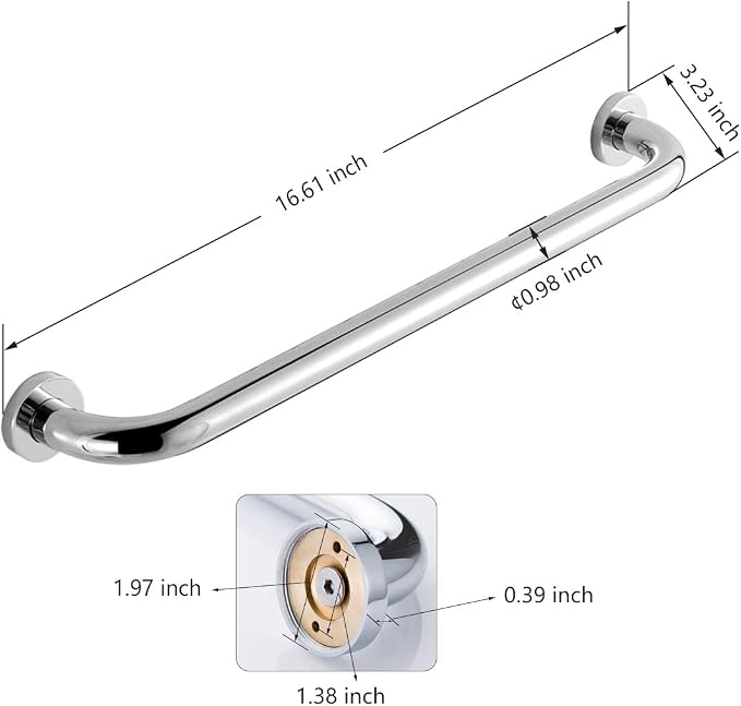 Shower Arms Grab bar for Bathroom Anti-Slip Safety Handrail Wall Grip Handle for Bathtub Toilet Slide Bars Brass Chrome Polished (16 INCH)