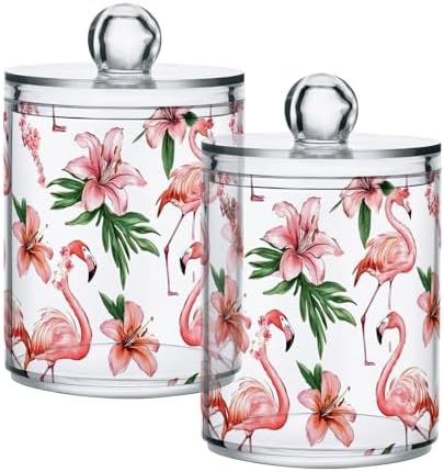 MNSRUU 2 Pack Qtip Holder Organizer Dispenser Pink Watercolor Flamingos Bathroom Storage Canister Cotton Ball Holder Bathroom Containers for Cotton Swabs/Pads/Floss