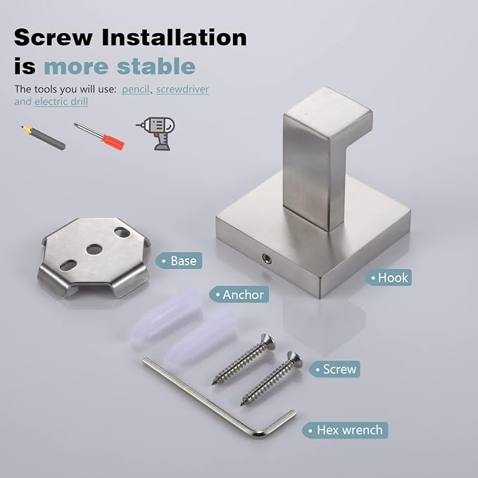 KOKOSIRI Bath Towel Hook Wall Mount Square Robe Hook Coat Hook, Bathroom Kitchen Garage Heavy Duty Wall Mounted, SUS 304 Stainless Steel, Brushed Nickel, B1010BR-P2