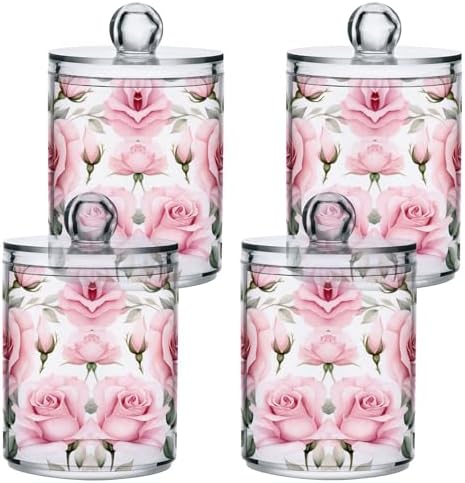 MNSRUU 4 Pack Qtip Holder Organizer Dispenser Pink Roses Pink Bathroom Storage Canister Cotton Ball Holder Bathroom Containers for Cotton Swabs/Pads/Floss