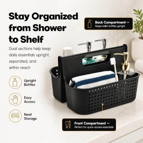 Haundry Portable Shower Caddy Basket, 2 Compartments Plastic Cleaning Caddy Organizer, Large Storage Tote with Handle for Bathroom, College, Dorm Room Essentials, Black