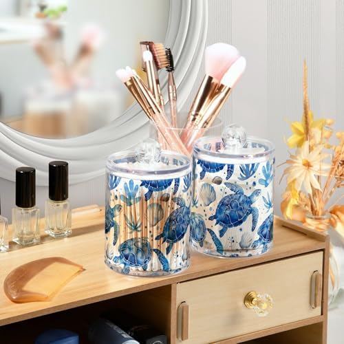 4 Pack Watercolor Blue Turtles and Shells Clear Plastic Jars 10 Oz Apothecary Jars with Lids Bathroom Counter Organizer for Cotton Pads, Cotton Ball, Cotton Swabs, Floss Picks