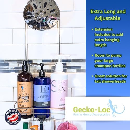 Gecko-Loc Extra-Long Adjustable Over-the-Showerhead Shower Caddy – Rustproof Stainless Steel Organizer with Suction Stabilizer, Deep Basket & Hooks – No-Drill, Tool-Free Installation (Silver)