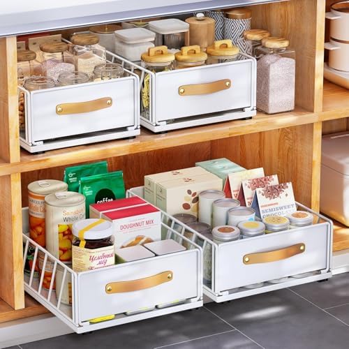 2Pack Pull out Cabinet Organizer,Heavy Duty Slide out Pantry Shelves Drawer Storage with Adhesive Nano Film,Sliding Mesh Basket with Handle for Kitchen, Bathroom, Home, 11.8W" X 15.7"D X 6.2"H,White